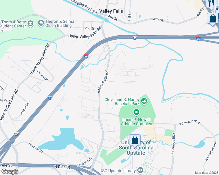 map of restaurants, bars, coffee shops, grocery stores, and more near 8000 Valley Falls Road in Spartanburg