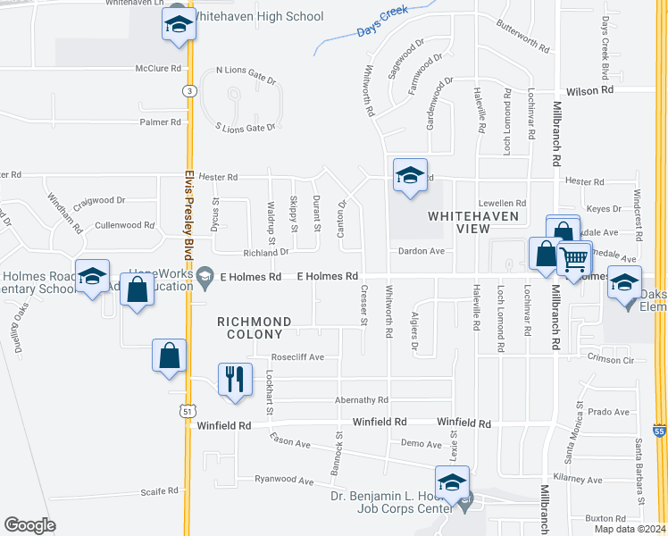 map of restaurants, bars, coffee shops, grocery stores, and more near 1366 East Holmes Road in Memphis