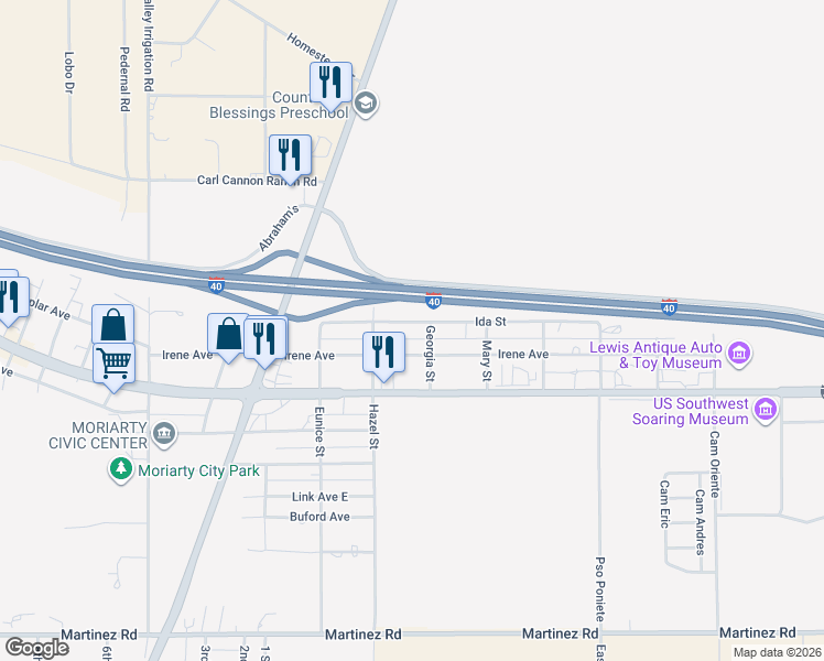 map of restaurants, bars, coffee shops, grocery stores, and more near 316 Ida Street in Moriarty