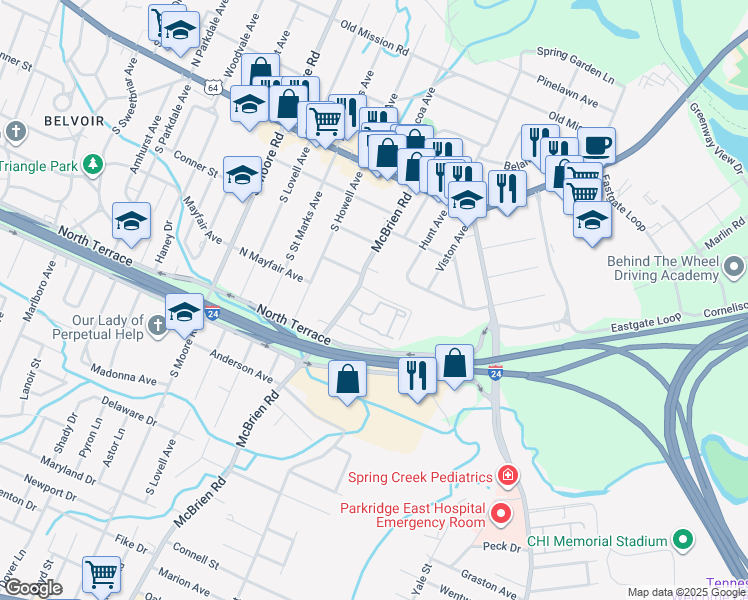 map of restaurants, bars, coffee shops, grocery stores, and more near 5308 Lynnland Terrace in Chattanooga