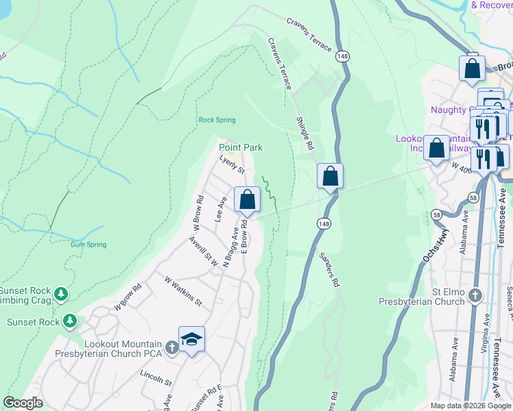 map of restaurants, bars, coffee shops, grocery stores, and more near 911 E Brow Rd in Lookout Mountain