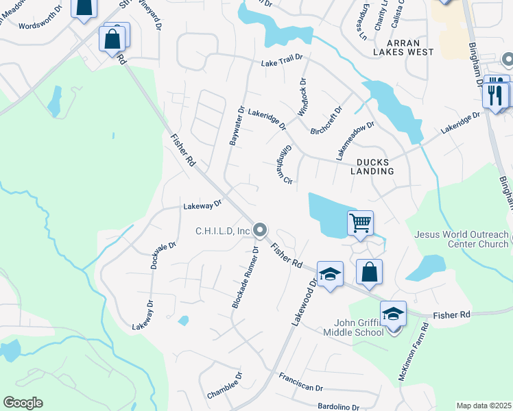 map of restaurants, bars, coffee shops, grocery stores, and more near 2299 Baywater Drive in Fayetteville