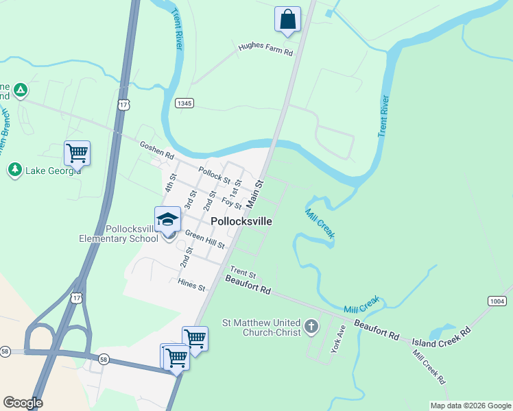 map of restaurants, bars, coffee shops, grocery stores, and more near 203 Main Street in Pollocksville
