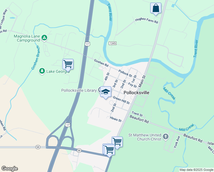 map of restaurants, bars, coffee shops, grocery stores, and more near 406 Pine Valley Drive in Pollocksville
