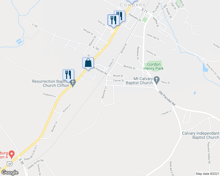 map of restaurants, bars, coffee shops, grocery stores, and more near 168 Old Pacolet Road in Cowpens