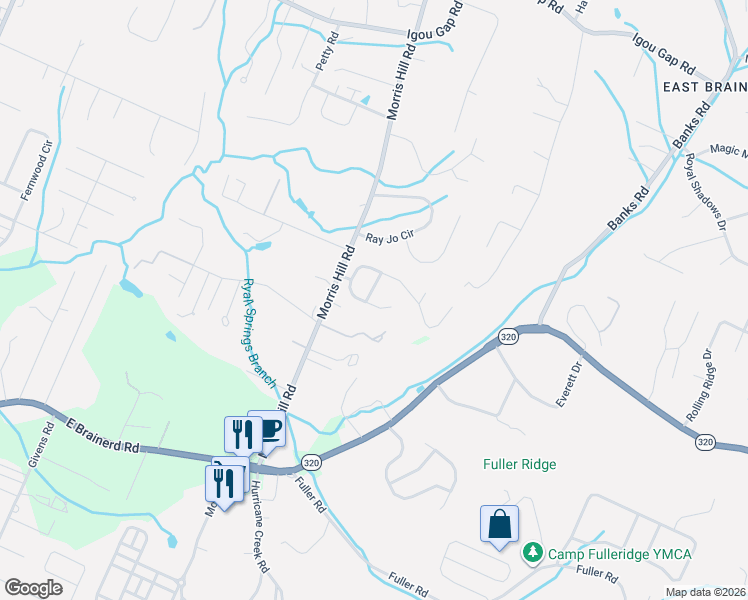 map of restaurants, bars, coffee shops, grocery stores, and more near 8709 Georgetown Trace Lane in Chattanooga