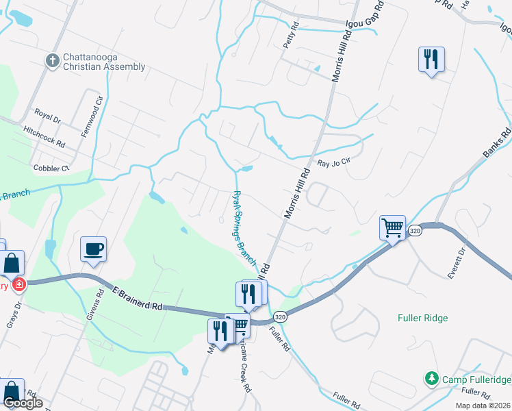 map of restaurants, bars, coffee shops, grocery stores, and more near 8450 Morin Road in Chattanooga