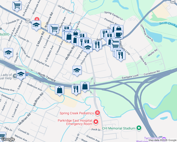 map of restaurants, bars, coffee shops, grocery stores, and more near 115 Rees Avenue in Chattanooga