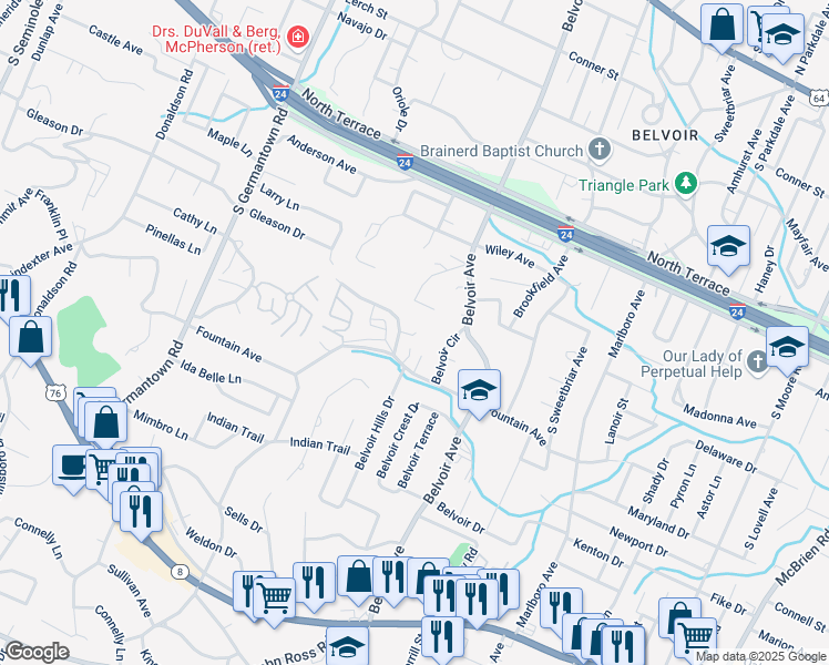 map of restaurants, bars, coffee shops, grocery stores, and more near 116 Arnold Drive in Chattanooga