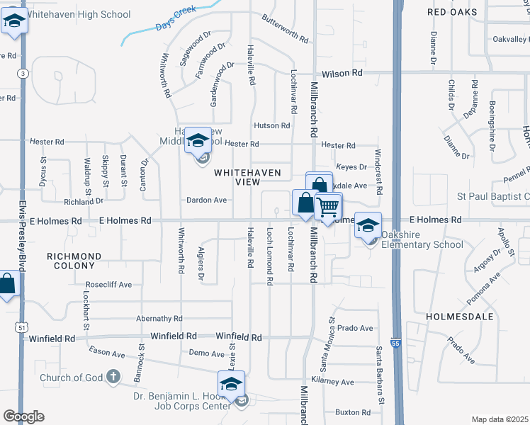 map of restaurants, bars, coffee shops, grocery stores, and more near 1594 East Holmes Road in Memphis