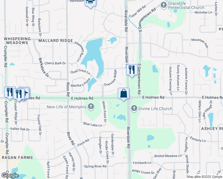 map of restaurants, bars, coffee shops, grocery stores, and more near 6898 Water Point Cove East in Memphis