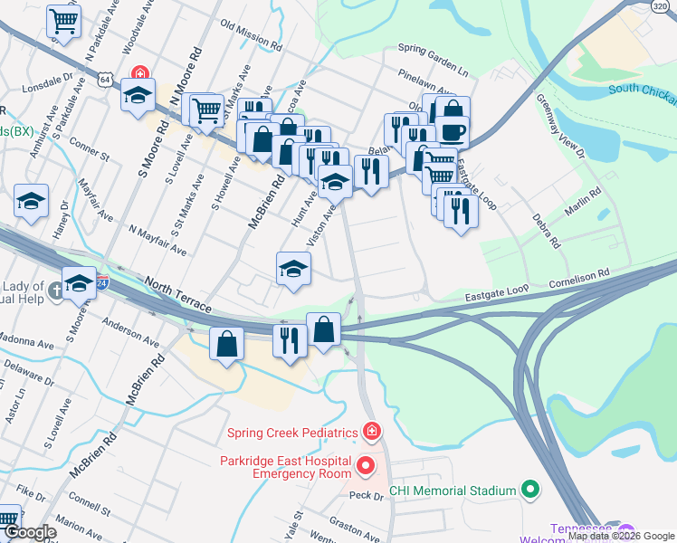 map of restaurants, bars, coffee shops, grocery stores, and more near 115 Rees Avenue in Chattanooga
