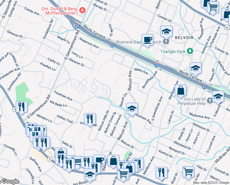 map of restaurants, bars, coffee shops, grocery stores, and more near 116 Arnold Drive in Chattanooga