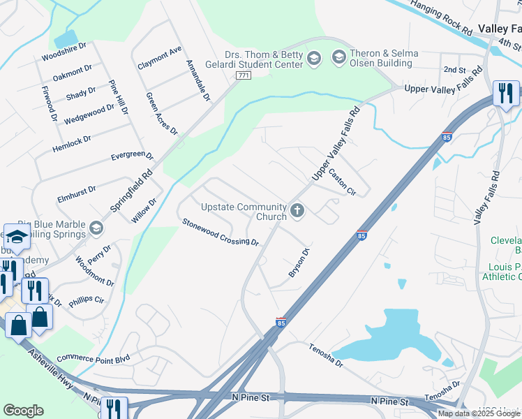 map of restaurants, bars, coffee shops, grocery stores, and more near 450 Standing Rock Drive in Boiling Springs