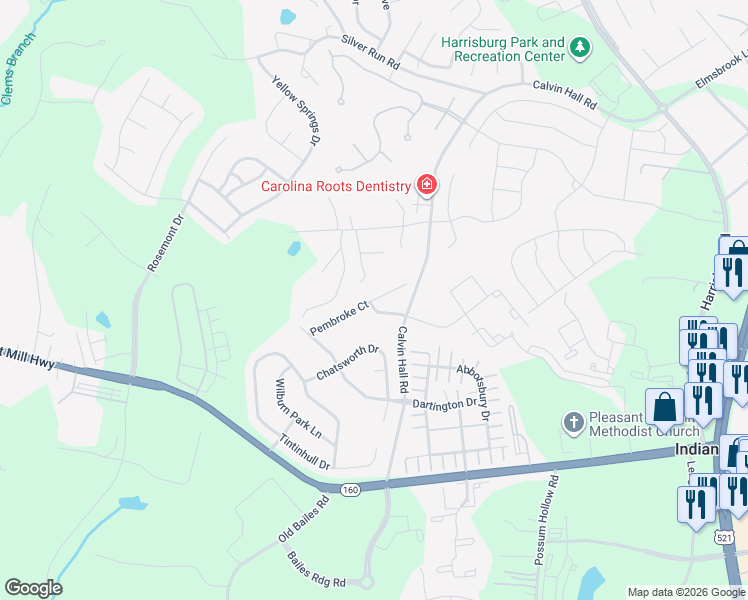 map of restaurants, bars, coffee shops, grocery stores, and more near 9089 Pembroke Court in Fort Mill