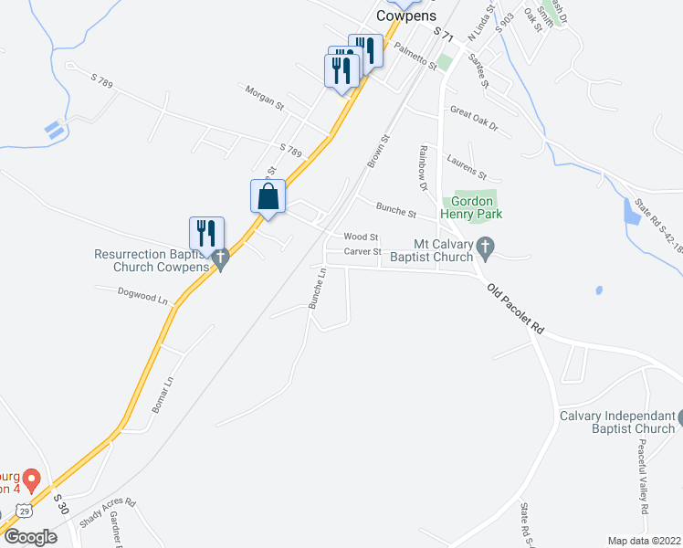 map of restaurants, bars, coffee shops, grocery stores, and more near 168 Old Pacolet Rd in Cowpens