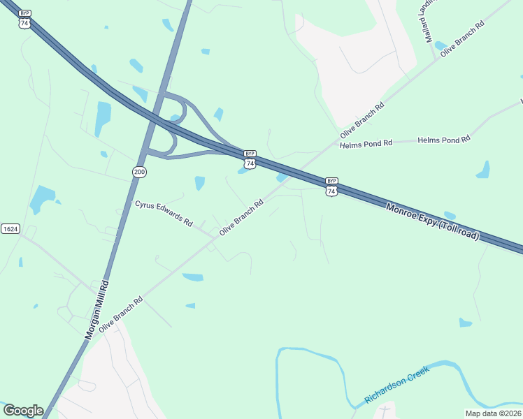 map of restaurants, bars, coffee shops, grocery stores, and more near 2602 Olive Branch Road in Monroe
