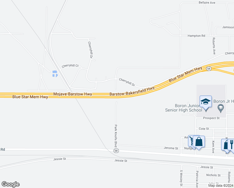 map of restaurants, bars, coffee shops, grocery stores, and more near East 58 Freeway in Boron