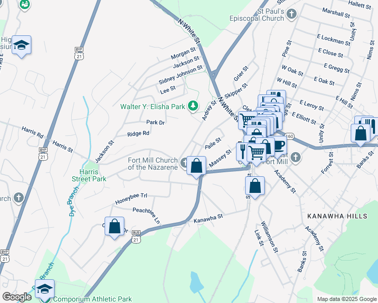 map of restaurants, bars, coffee shops, grocery stores, and more near 305 Ardrey Street in Fort Mill