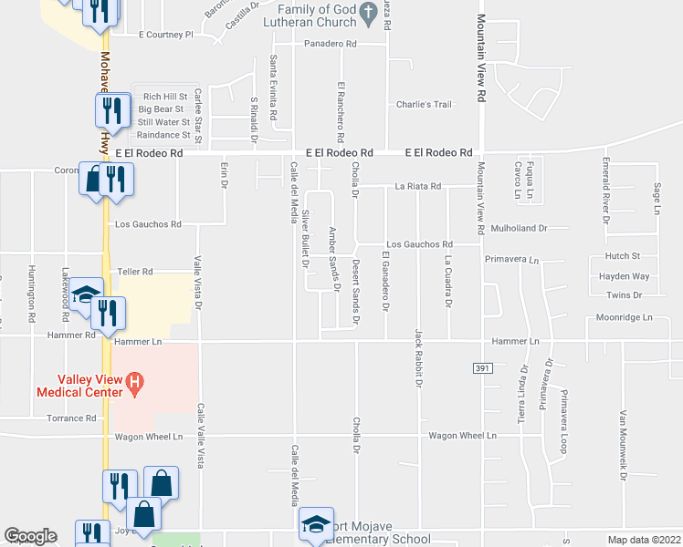 map of restaurants, bars, coffee shops, grocery stores, and more near 5162 Amber Sands Drive in Fort Mohave