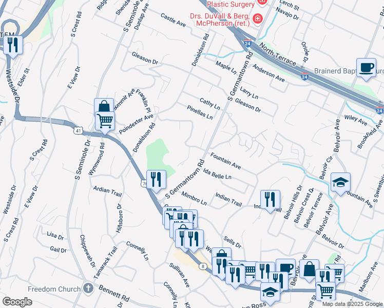 map of restaurants, bars, coffee shops, grocery stores, and more near 802 Merrimac Circle in Chattanooga