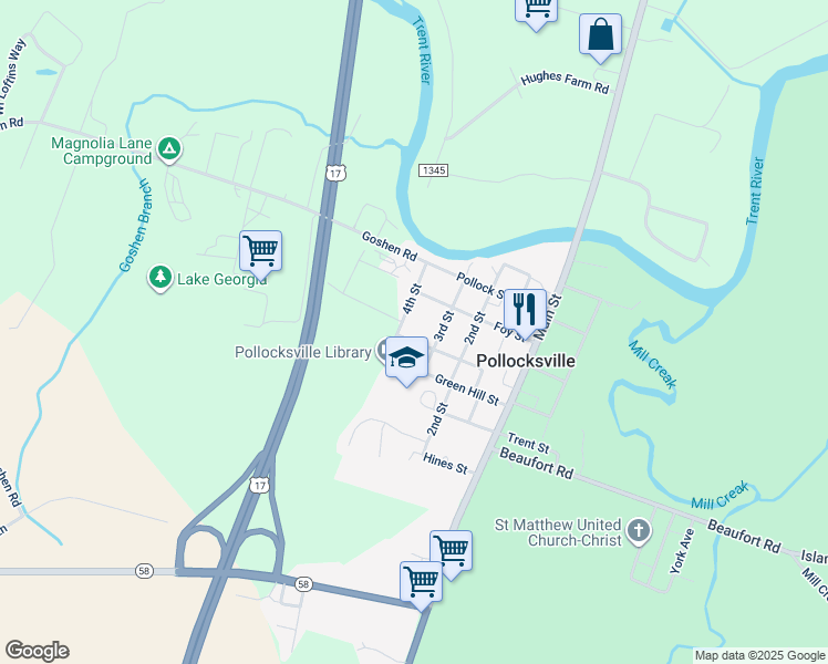 map of restaurants, bars, coffee shops, grocery stores, and more near 406 Pine Valley Drive in Pollocksville
