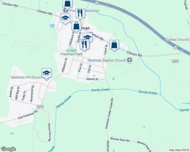 map of restaurants, bars, coffee shops, grocery stores, and more near 5164 Sessoms Avenue in Stedman