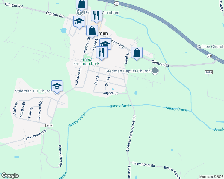 map of restaurants, bars, coffee shops, grocery stores, and more near 5164 Sessoms Avenue in Stedman