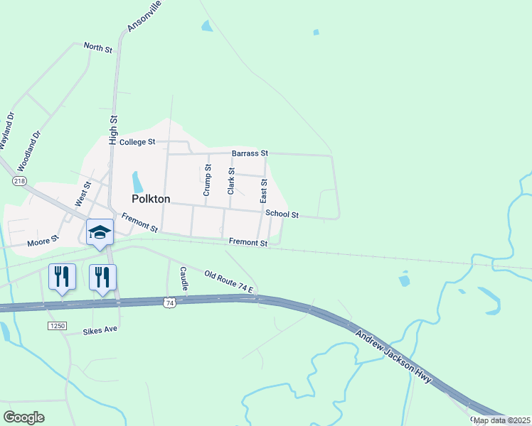 map of restaurants, bars, coffee shops, grocery stores, and more near 329 School Street in Polkton