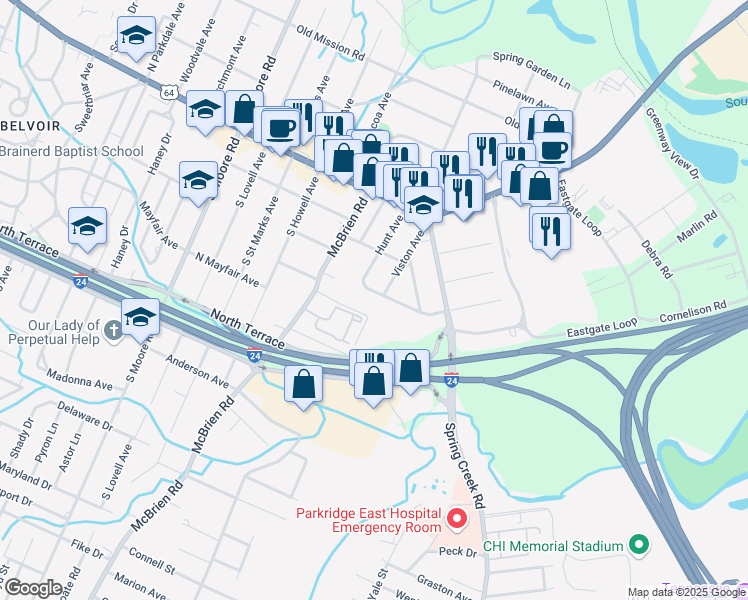 map of restaurants, bars, coffee shops, grocery stores, and more near 129 Hunt Avenue in Chattanooga