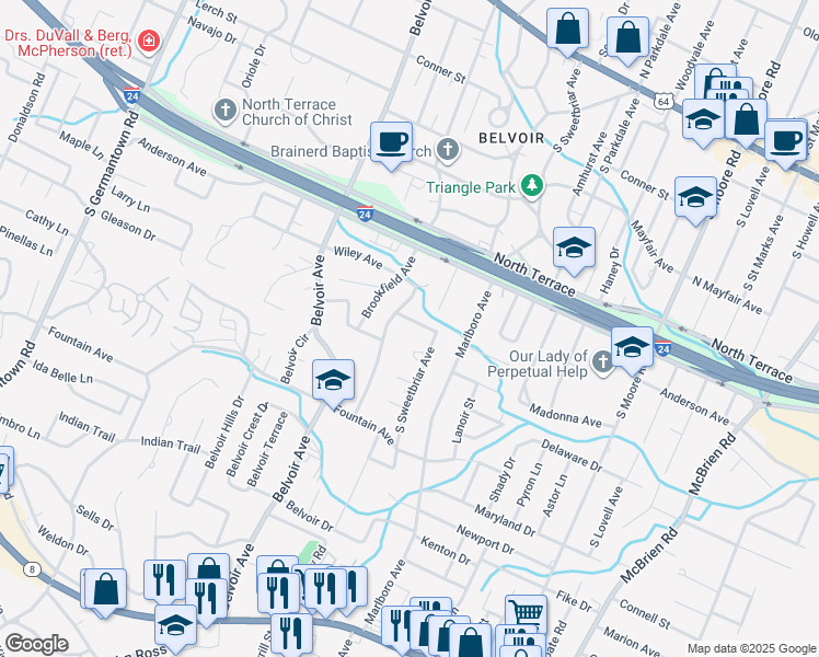 map of restaurants, bars, coffee shops, grocery stores, and more near 4108 Wade Drive in Chattanooga