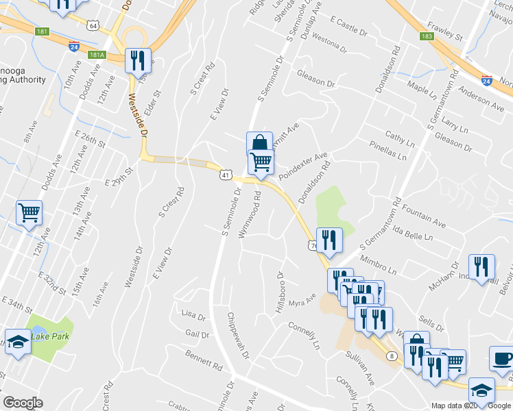 map of restaurants, bars, coffee shops, grocery stores, and more near 1018 Wynnwood Road in East Ridge