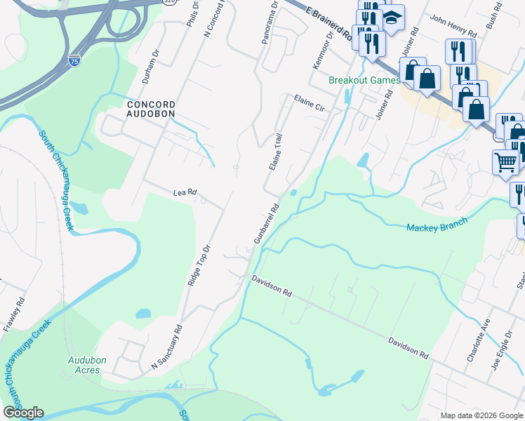 map of restaurants, bars, coffee shops, grocery stores, and more near 1231 Gunbarrel Road in Chattanooga