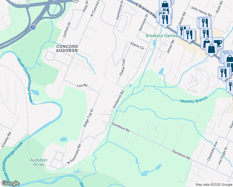 map of restaurants, bars, coffee shops, grocery stores, and more near 1231 Gunbarrel Road in Chattanooga