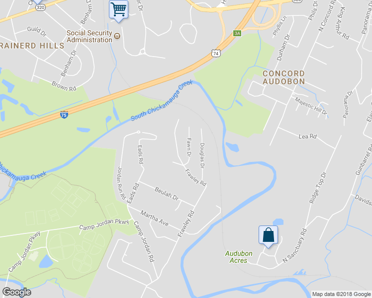 map of restaurants, bars, coffee shops, grocery stores, and more near 115 Fawn Drive in Chattanooga