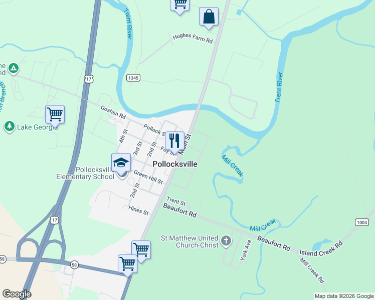 map of restaurants, bars, coffee shops, grocery stores, and more near 203 Main Street in Pollocksville