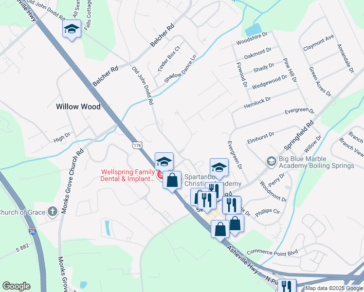 map of restaurants, bars, coffee shops, grocery stores, and more near 107 Stoney Brook Drive in Boiling Springs