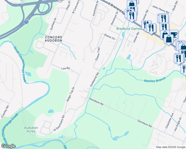 map of restaurants, bars, coffee shops, grocery stores, and more near 1231 Gunbarrel Road in Chattanooga