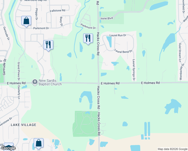 map of restaurants, bars, coffee shops, grocery stores, and more near 5151 Hacks Cross Road in Memphis