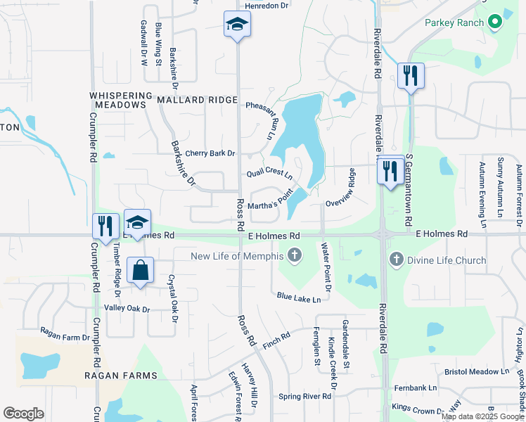map of restaurants, bars, coffee shops, grocery stores, and more near 6755 Martha's Point in Memphis