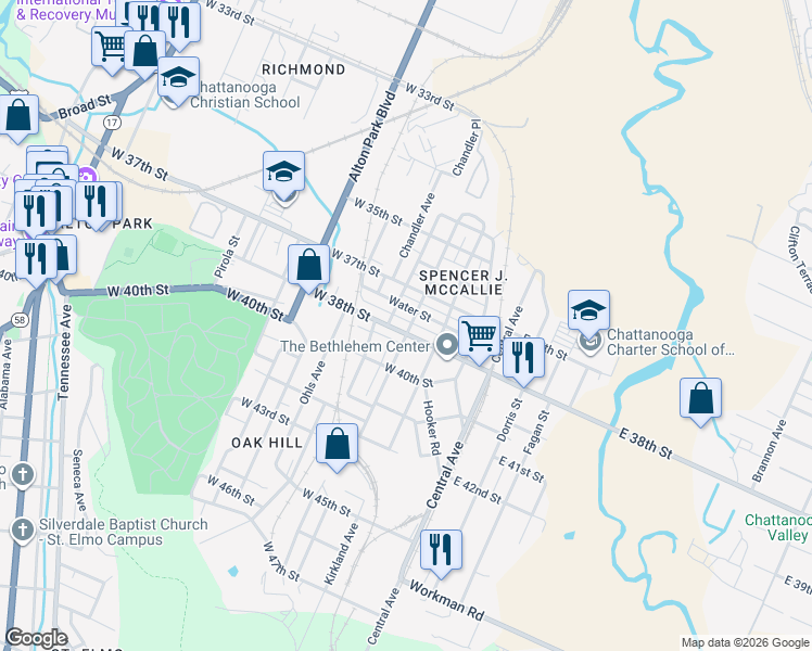 map of restaurants, bars, coffee shops, grocery stores, and more near 277 West 38th Street in Chattanooga
