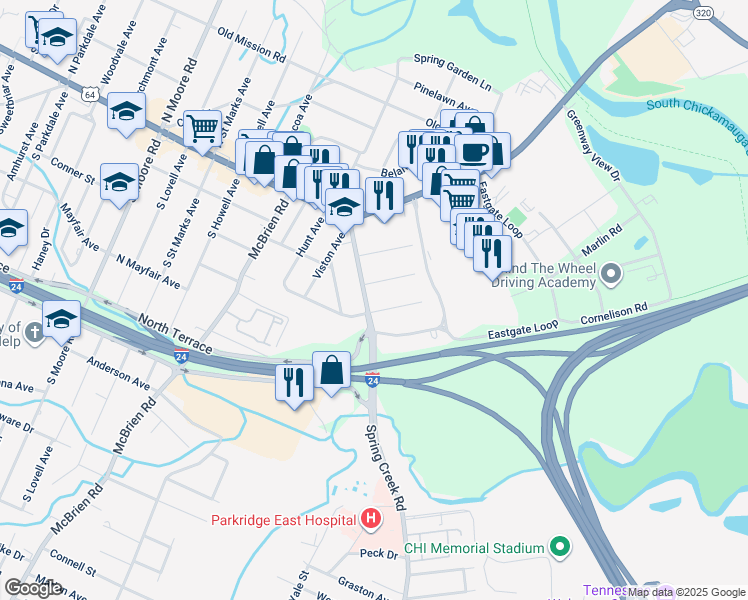 map of restaurants, bars, coffee shops, grocery stores, and more near 308 Spring Creek Road in Chattanooga