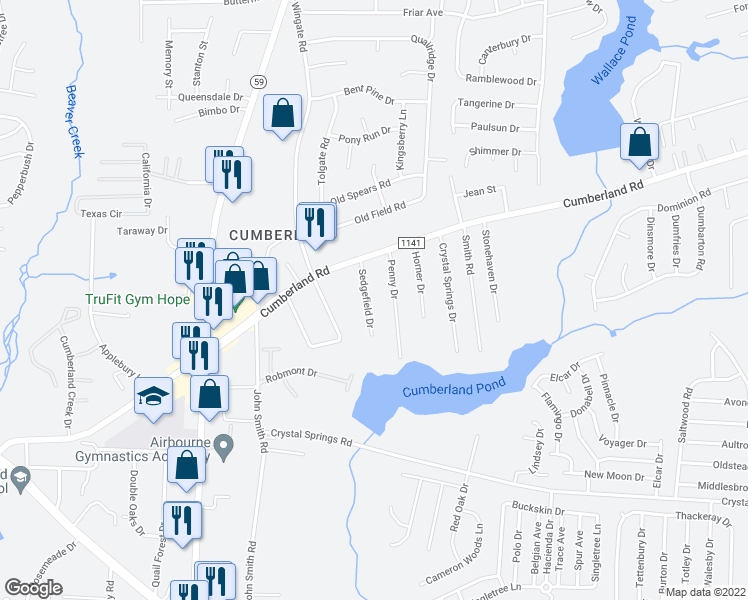 map of restaurants, bars, coffee shops, grocery stores, and more near 2611 Sedgefield Drive in Fayetteville