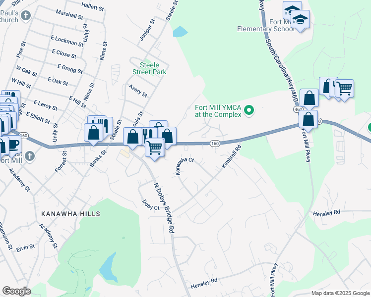map of restaurants, bars, coffee shops, grocery stores, and more near 868 Tom Hall Street in Fort Mill
