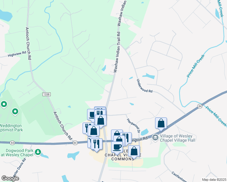 map of restaurants, bars, coffee shops, grocery stores, and more near 5807 Waxhaw Indian Trail Road in Matthews