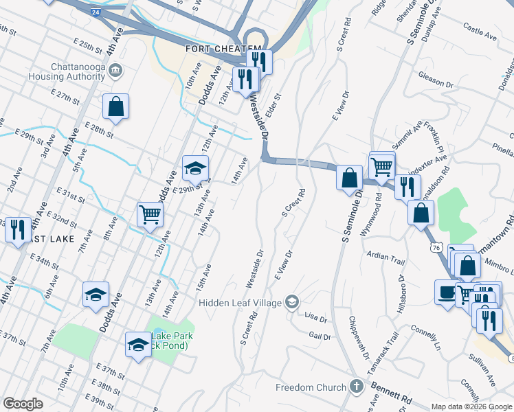 map of restaurants, bars, coffee shops, grocery stores, and more near 2932 Westside Drive in Chattanooga