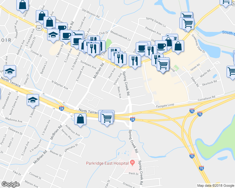 map of restaurants, bars, coffee shops, grocery stores, and more near 115 Rees Avenue in Chattanooga