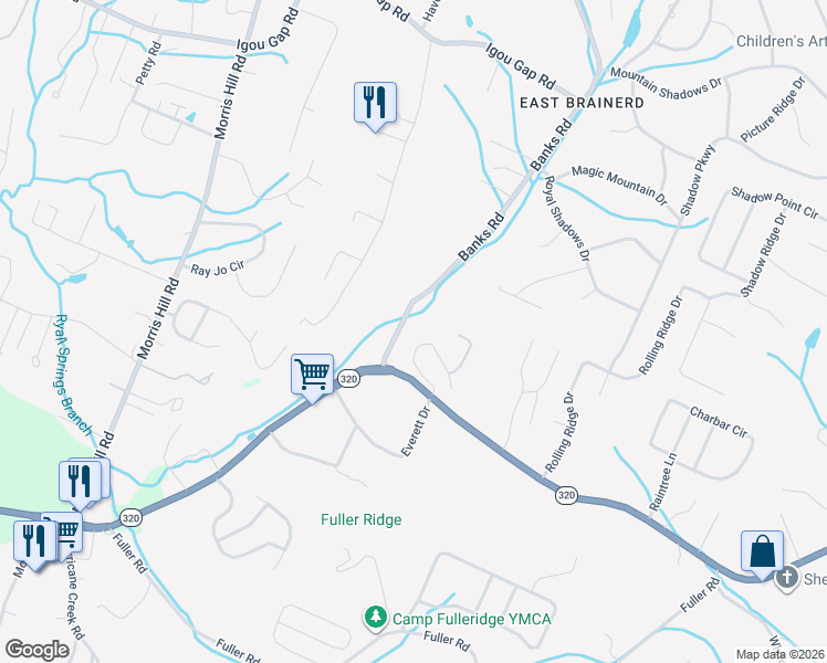 map of restaurants, bars, coffee shops, grocery stores, and more near 2612 Banks Road in Chattanooga