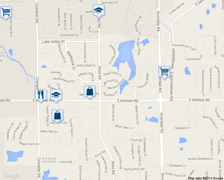 map of restaurants, bars, coffee shops, grocery stores, and more near 6755 Martha's Point in Memphis
