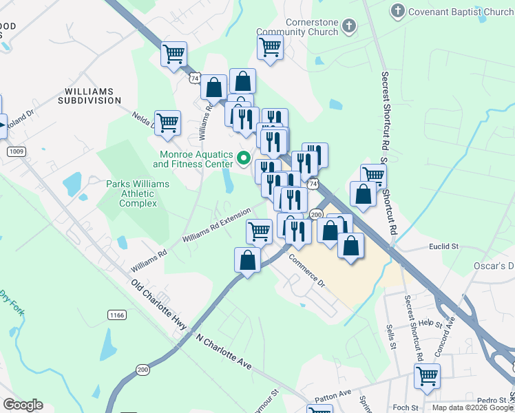 map of restaurants, bars, coffee shops, grocery stores, and more near Williams Road Extension in Monroe